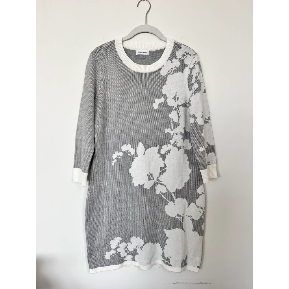 Calvin Klein Grey and White Floral Long Sleeve Sweater Dress